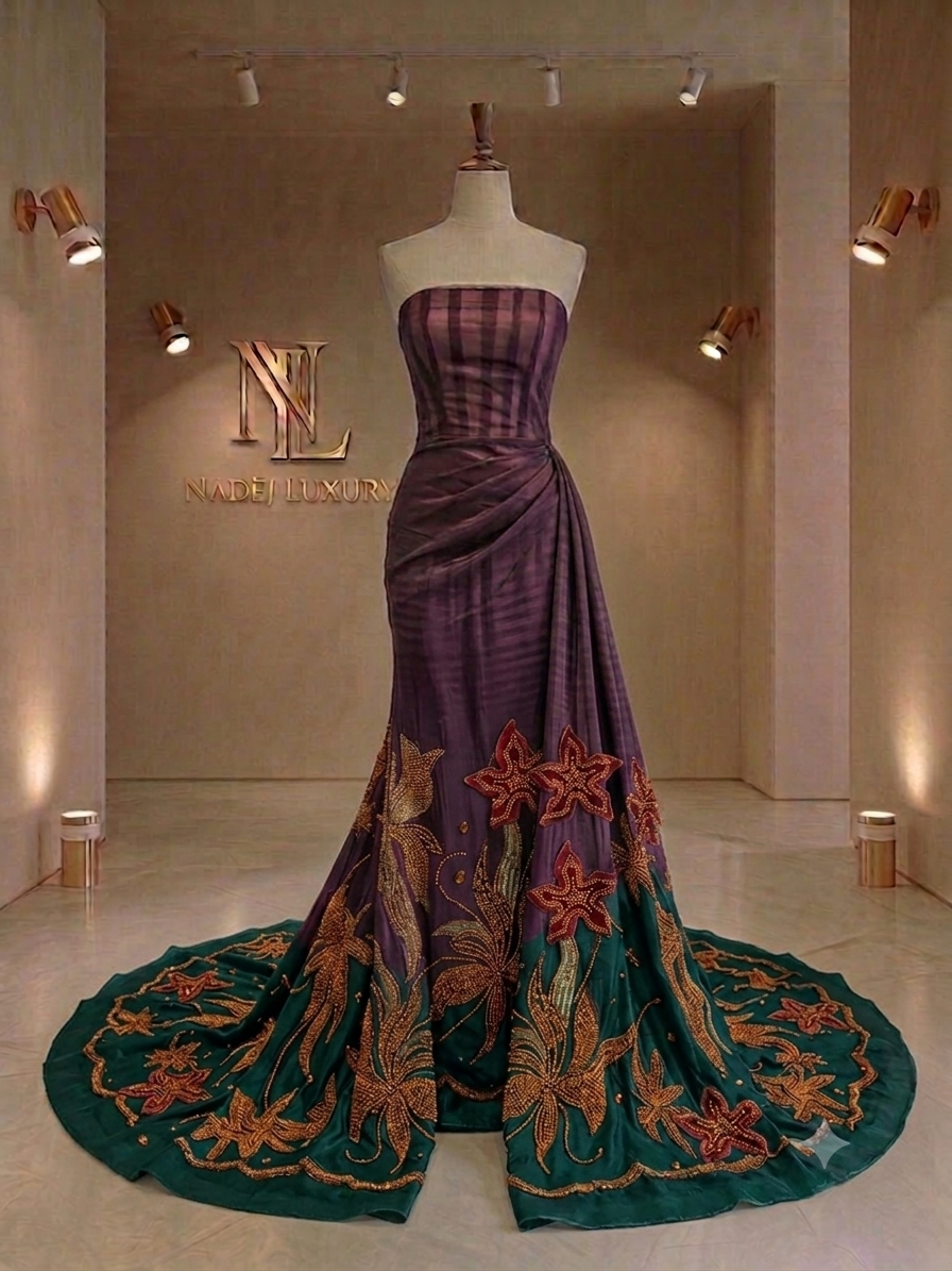 Organza de Prestige : Aubergine & Émeraude aux Éclats Veloutés